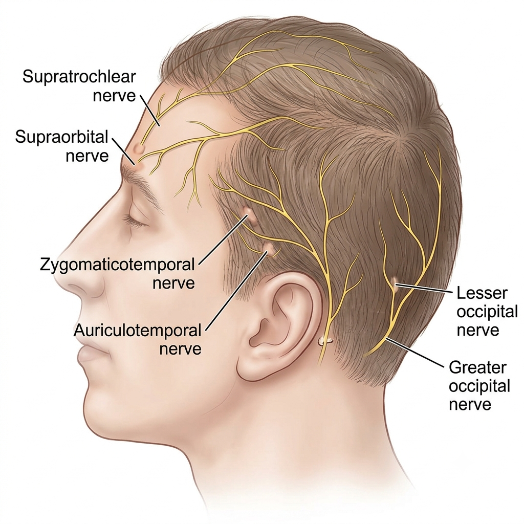 A left lateral view of the head with the six sensory nerves of the scalp labelled: supratrochlear and supraorbital across the forehead, zygomaticotemporal and auriculotemporal over the temple and in front of the ear, and lesser and greater occipital across the back of the scalp.